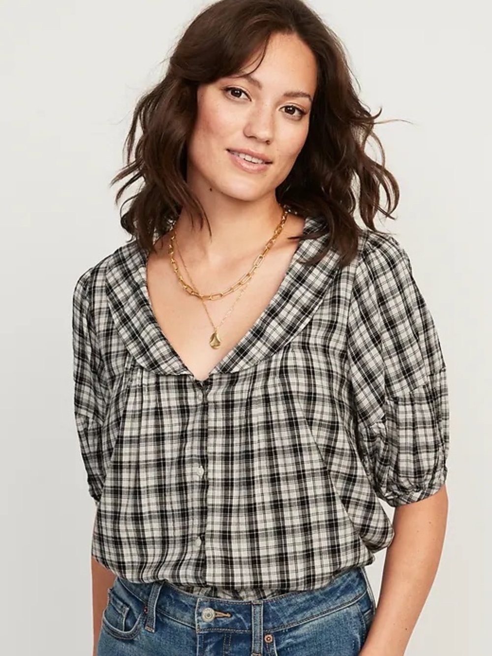 NWT / Old Navy Puff-Sleeve Peter Pan Collar Shirt in Black and White Plaid
